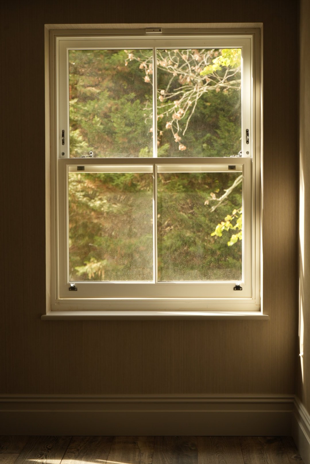 A sash window framing the garden