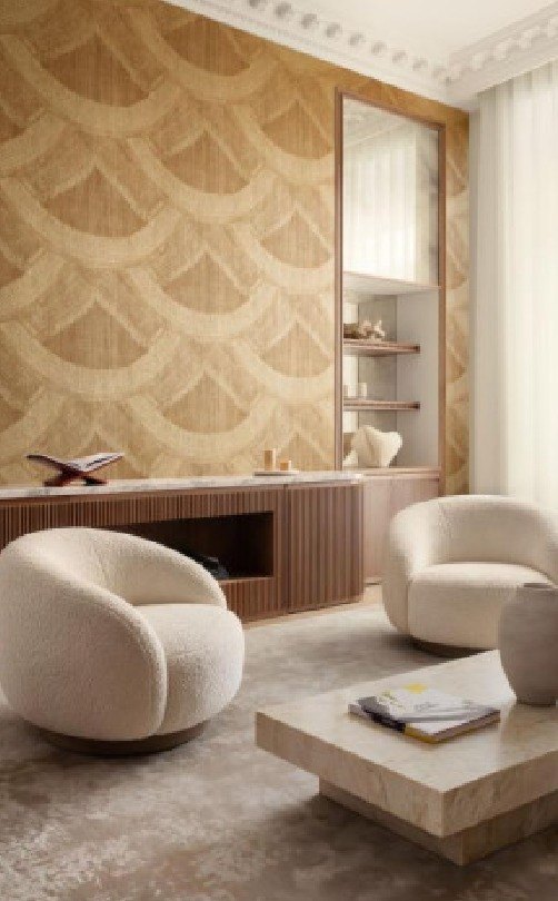 Fan-patterned wallcovering with bouclé armchairs