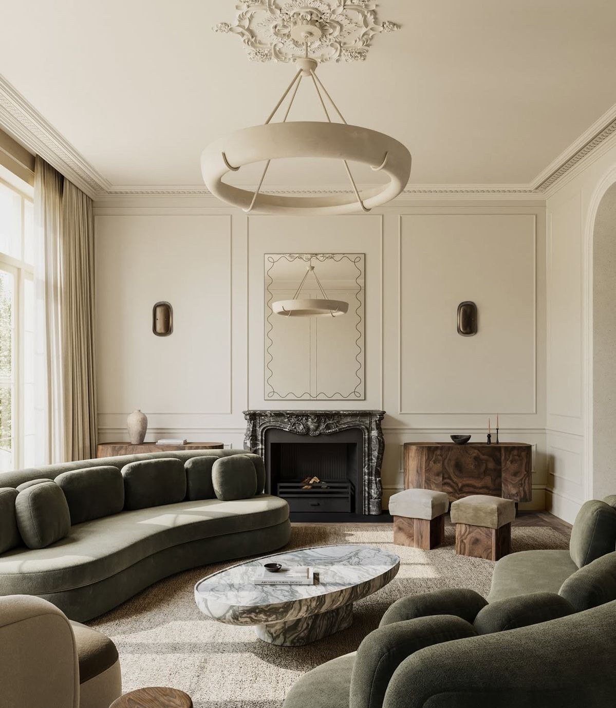 Full height wall panelling around a carved marble fireplace