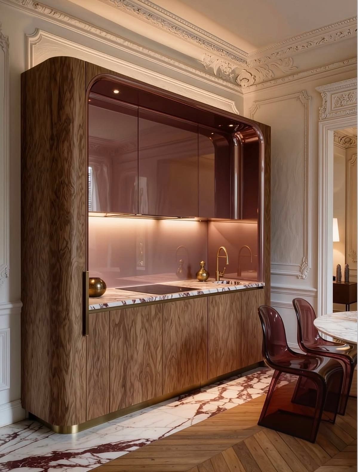 A curved walnut cabinet with a glossy, lit interior