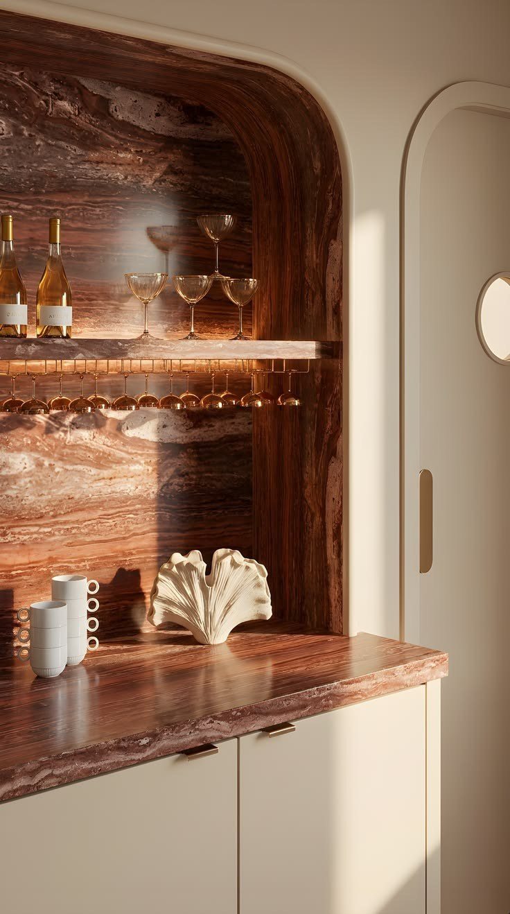 A travertine lined niche with a brass glass rail