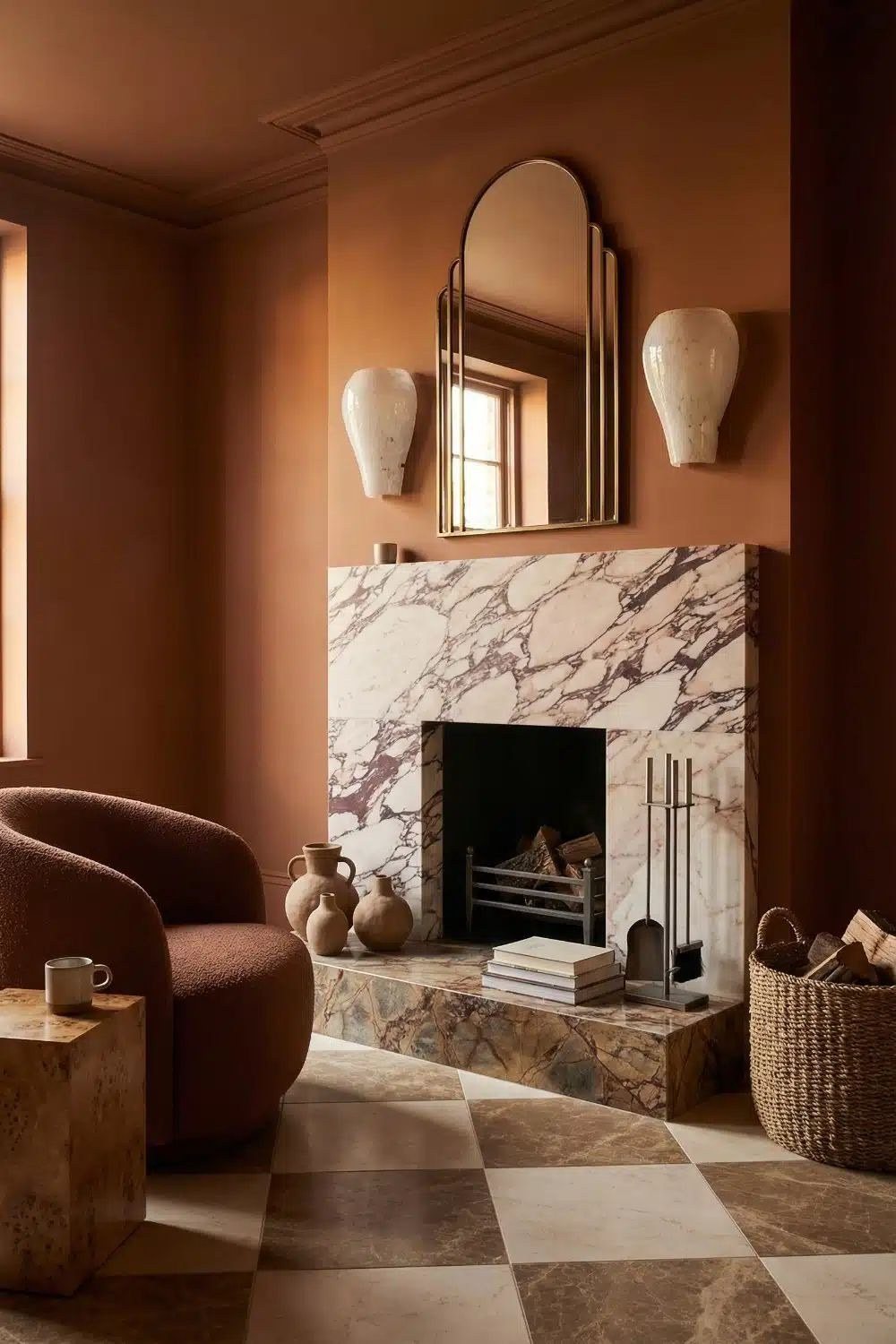 Veined marble against warm terracotta walls