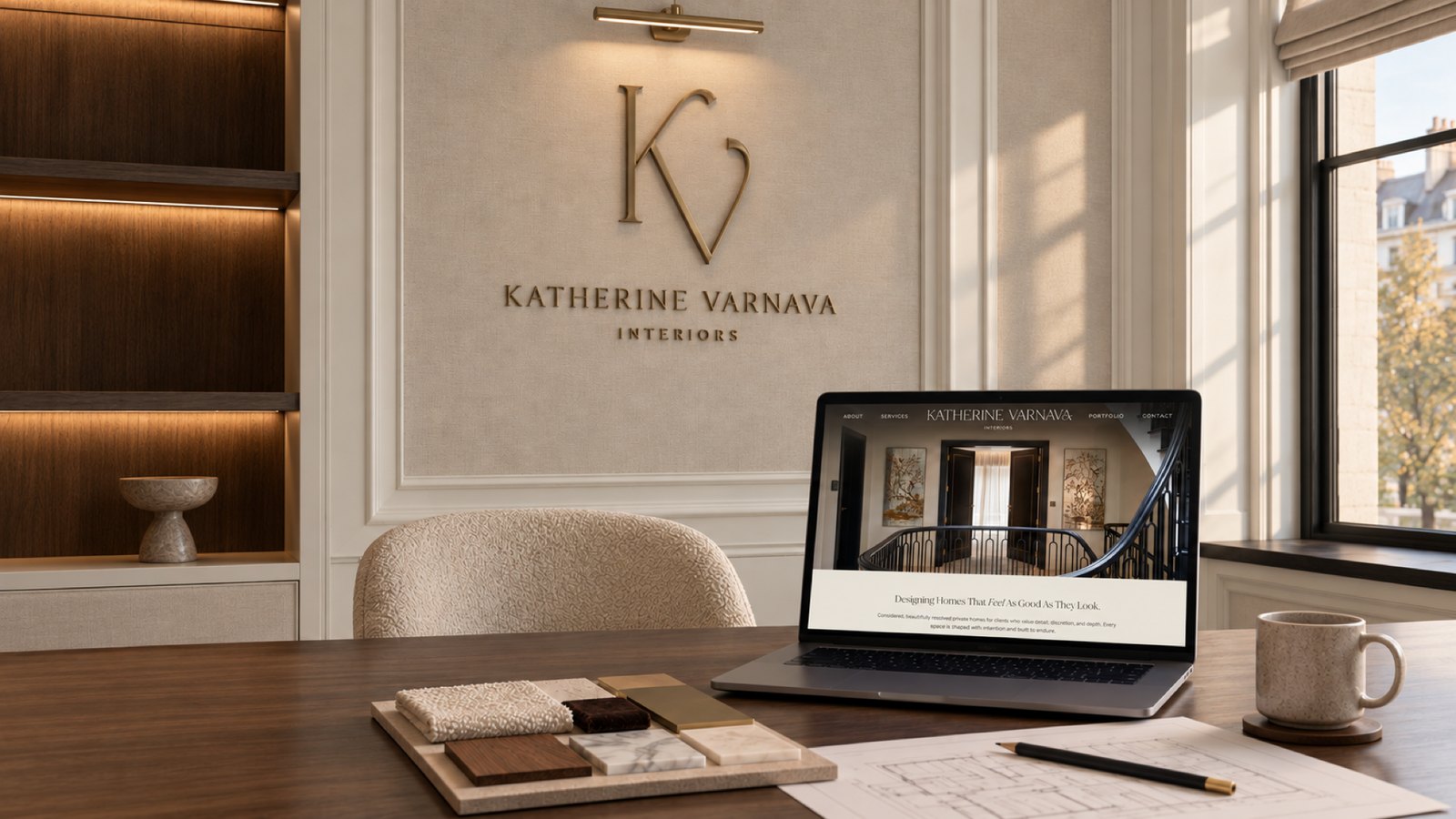 Illustration of a design studio: the KV monogram in brass on a linen-panelled wall, a laptop showing the Katherine Varnava Interiors website, and fabric, stone and timber samples on an oak desk